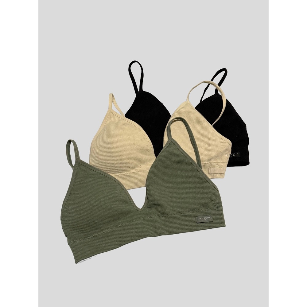 Danskin Intimates Ribbed Seamless Bralette 3 Pack Green Cream Black Small